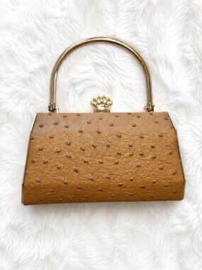 Bijoux Terner Mini Purse, Brown Faux Ostrich Top Handle Structured Evening Bag